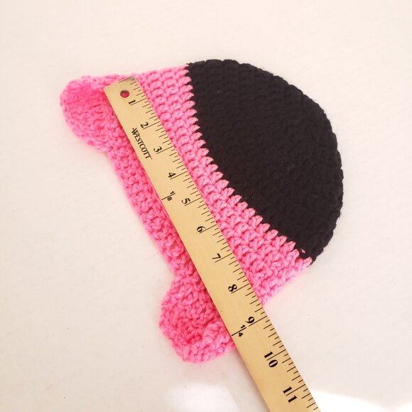 New Handmade Crochet Black and Pink Hat Beanie with Ear Flaps - Picture 8 of 8